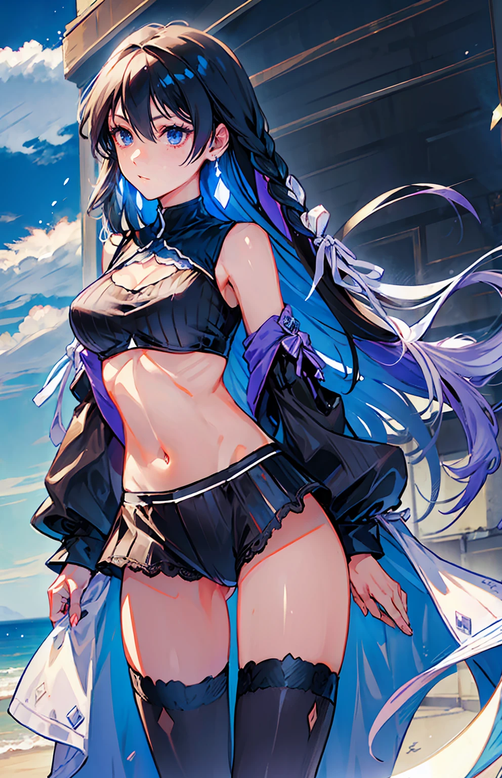 Nipples、Blue Panties、Panties in full view、In underwear、(masterpiece, best quality), 1girl,   utsumiericeFA,long sleeves, bare shoulders, jewelry, puffy sleeves, necklace,, streaked hair,  blue ribbon, puffy long sleeves,magatama,