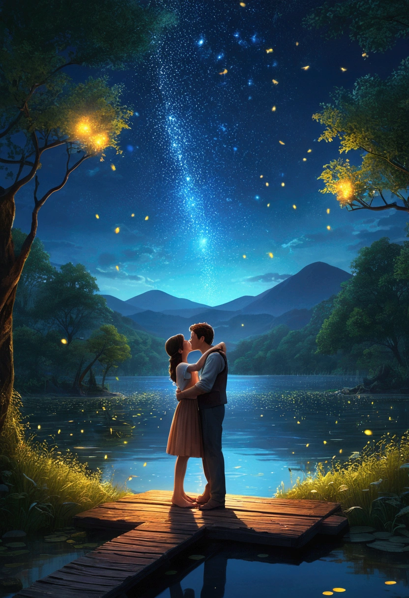 (masterpiece,4K,8K,wallpaper)、Lake with a lot of fireflies、Fantasy World、A man and a woman hug each other and try to kiss、The fantastic light of fireflies、Romantic view、Shining Lake、Fantastic World、beautiful