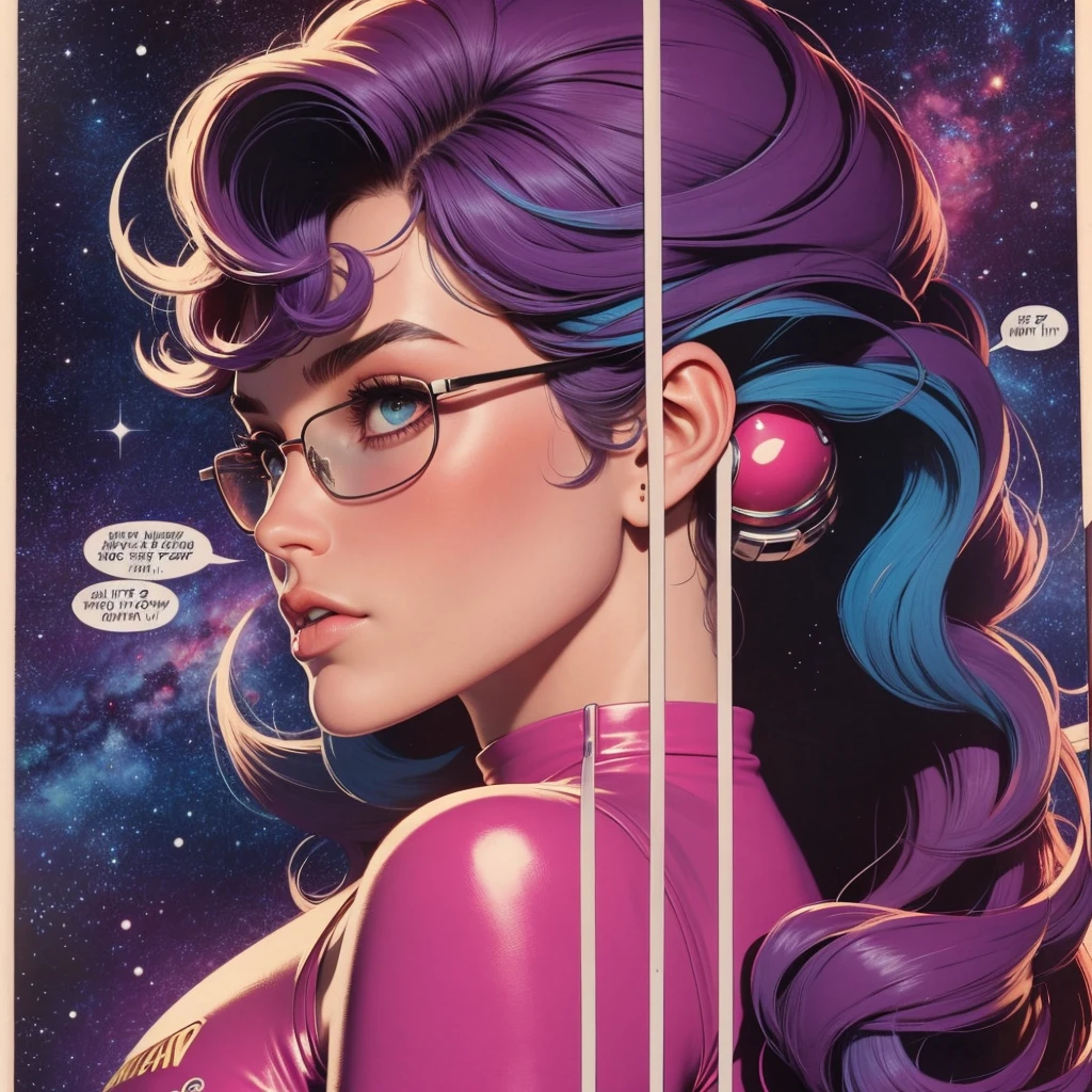 ultimate best quality,beautiful woman,speech bubble,big brest,galaxy,60s,70s,80s,colorful,cosmo,space,sunglass, profile view, head to shoulders, 1 woman