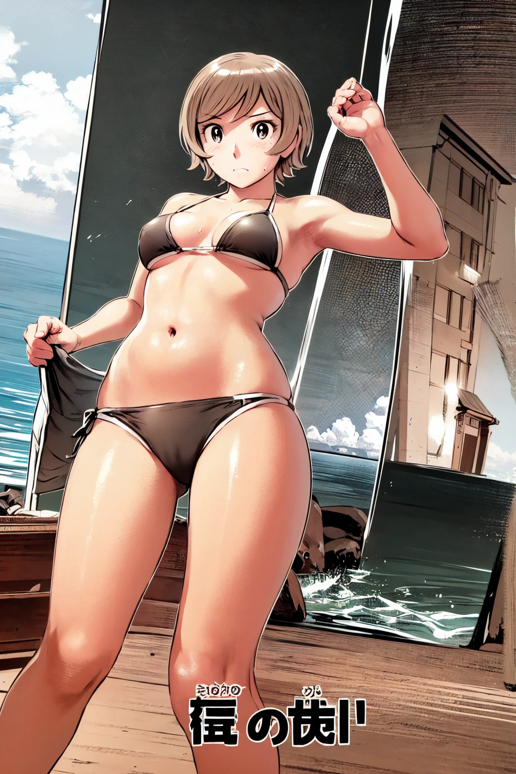 、(masterpiece、Highest quality)、Highest quality, Ultra-high resolution, (((masterpiece))), alone, Sweat、Big eyes, Composition from the front、Shortcuts、Embarrassed face、Bronze colored hair、Cut your hair short、Ocean、beach、Black Micro Bikini、belly button、short hair、(Bronze colored hair)
