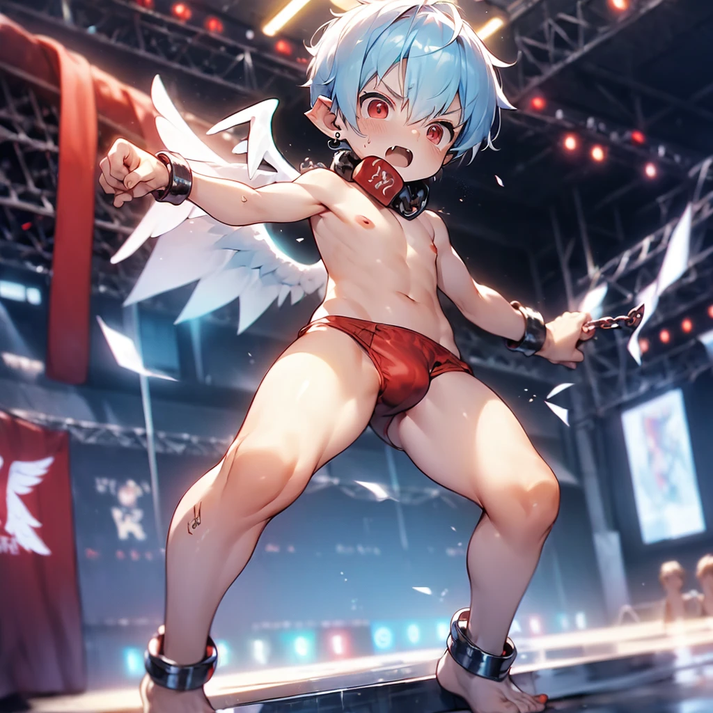 (solo:2), (boldline:-1.7), (brave:1.3), (fighting pose:1.5), (twin angel wings on his back:1.6), (halo on his head:1.3), (standing on stage:1.5), BREAK (red boxing groves:1.8), (((fang))), (((best finger))), (((best arms))), (((best legs))), BREAK (best quality:1.5), (absolutely resolution:1.4), (ultra detailed:1.5), (masterpiece:1.5), (perfect face), (detailed face), (detailed eyes), (best eyes), (cute face), (shota:2), BREAK (topless:2), BREAK (red speedos:1.5), (bulge:1.4), (skinny:1.3), BREAK (light blue hair:1.5), (spiked hair), (wine red eyes:1.4), (eyes with highlight:1.6), ((mole under eye)), (sweaty skin), (singing:1.4), ((earrings)), (angry:1.3), (shiny skin:1.3), BREAK (stadium:1.5), (spot light), ((wind blowing)), ((nipple)), (abs), (groin), BREAK (chain around neck:1.5), (shackles:1.6), from above, upper body, (face close up),