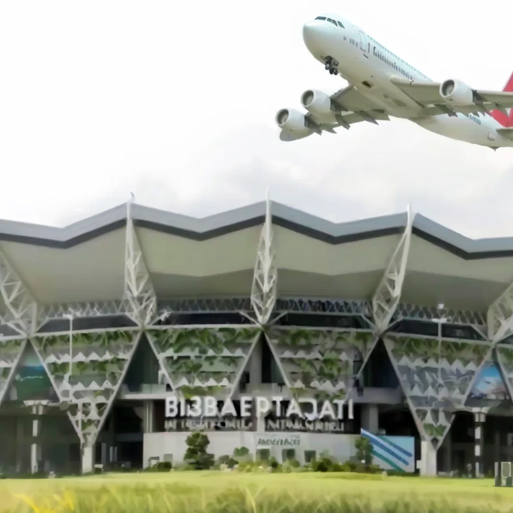 realistic 3d caricature. international airplane airport. In front of the airport there is writing in Indonesian "BIJB KERTAJATI. The photo details are very strong.