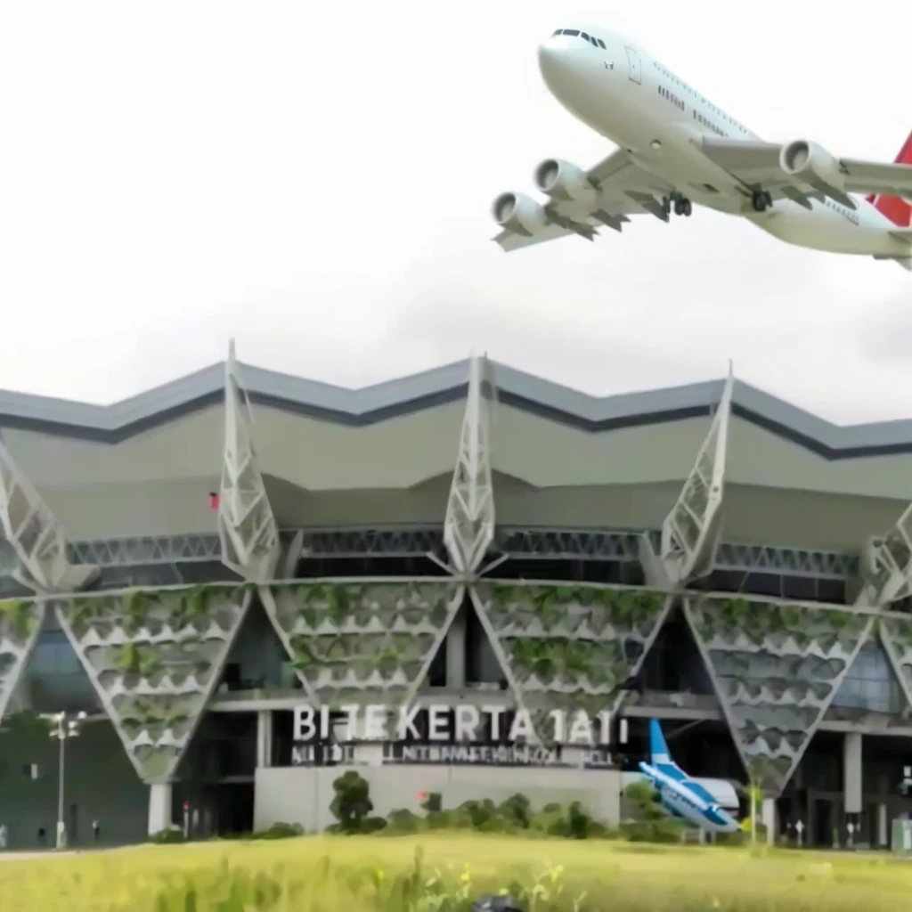 realistic 3d caricature. international airplane airport. In front of the airport there is writing in Indonesian "BIJB KERTAJATI. The photo details are very strong.