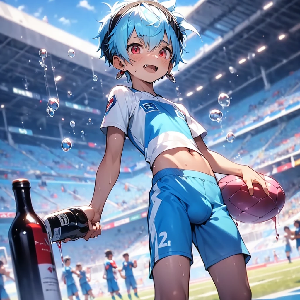 (solo:2), (boldline:-1.7), (drinking:1.3), (holding bottle:1.5), (arched back:1.1), (bubble), (standing:1.5), (((fang))), (((best finger))), BREAK (best quality:1.5), (absolutely resolution:1.5), (ultra detailed:1.5), (masterpiece:1.5), (perfect face), (detailed face), (detailed eyes), (best eyes), (cute face), (shota:2), BREAK (white soccer uniform:1.4), BREAK (blue sports pants:1.5), BREAK (black head band:1.3), (sweaty skin:1.3), (bulge:1.4), (skinny:1.3), (spiked hair), BREAK (light blue hair:1.5), (wine red eyes:1.4), (eyes with highlight:1.6), ((mole under eye)), (sweaty skin), (chuckling:1.5), ((earrings)), (shiny skin:1.3), BREAK (soccer ground:1.5), (soccer ball:1.3), (sunlight), ((wind blowing)), nipple, (abs), (groin),