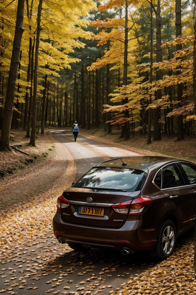 Wait for the landscape of the forest in autumn, falling leaves and a car with a girl