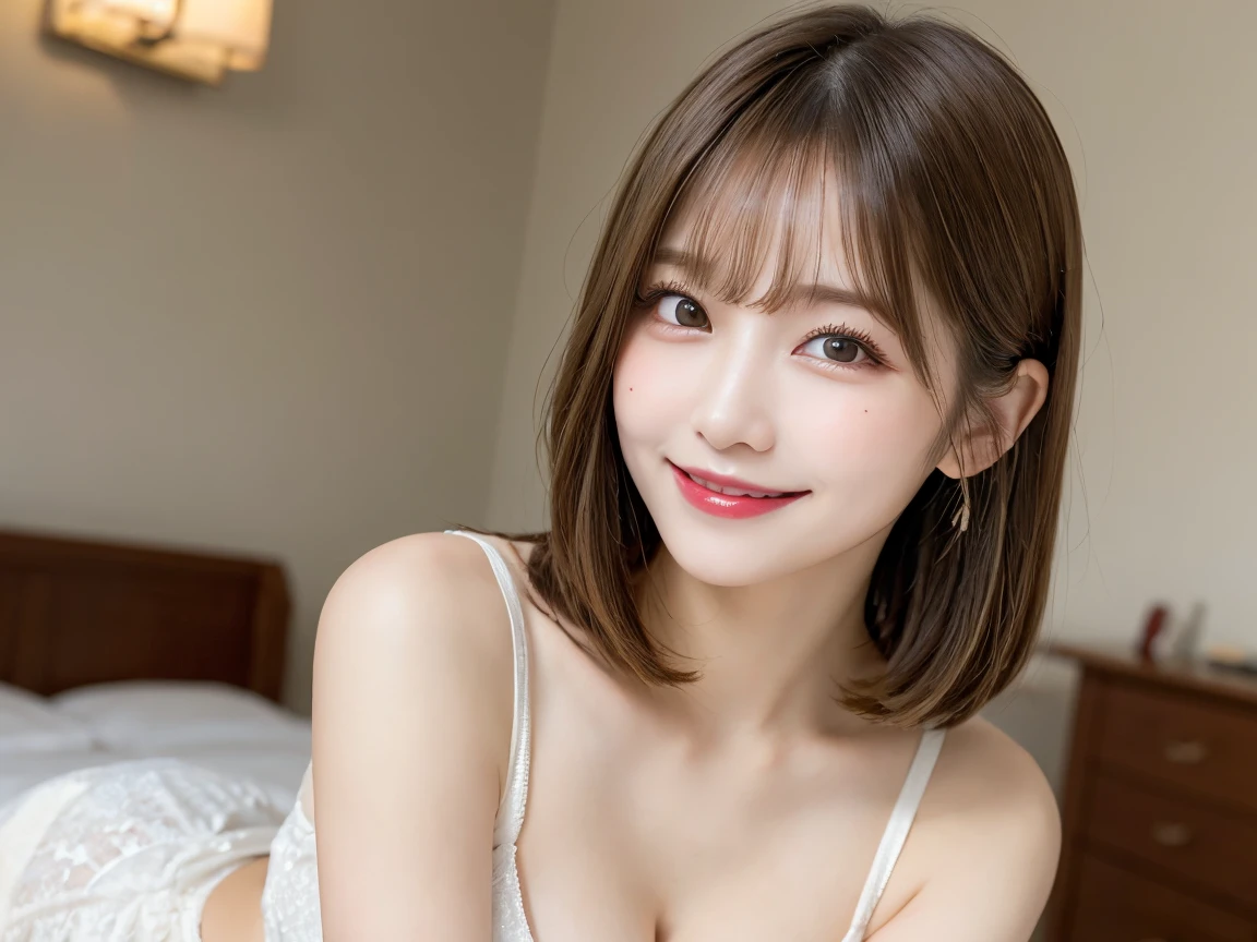 Highest quality, shape, Very detailed, In detail, High resolution, Long blonde, bangs, Perfect dynamic composition, Beautiful details, Natural Lip, room, Mole on the corner of the eye, Big Breasts, She is smiling in a cute pose.., A masterpiece of the whole body, Full Body Shot