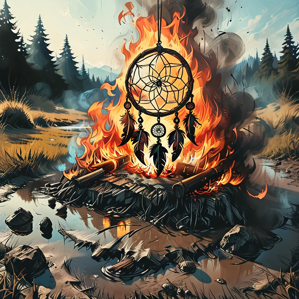 
the dream catcher  burning ((lies on the ground)) in the mud,   day,    graphic style of novel comics, 2d,
8k, hyperrealism, masterpiece, high resolution, best quality, ultra-detailed, super realistic, Hyperrealistic art, high-quality, ultra high res, highest detailed, lot of details, Extremely high-resolution details, incredibly lifelike, colourful, soft cinematic light,

