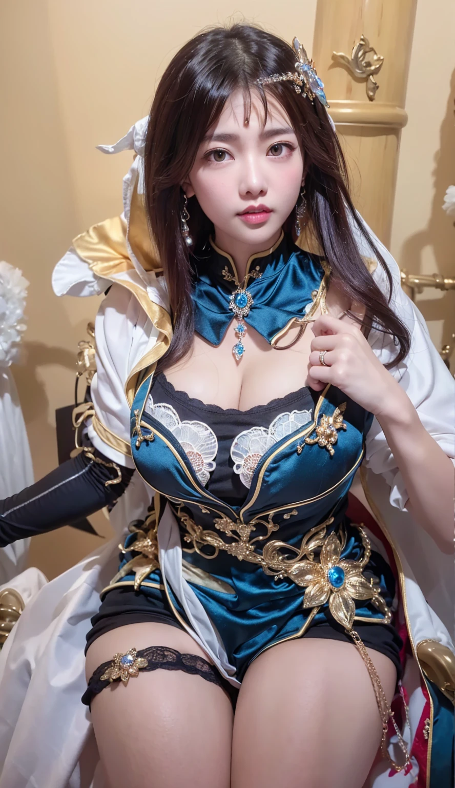 irishuo,1girl,solo,realistic,8k,highres,(perfect face:2),perfect eyes,perfect body,ultra detailed face,looking at viewer,large breasts,massive ,cleavage,smiling,closed mouth,head ornament