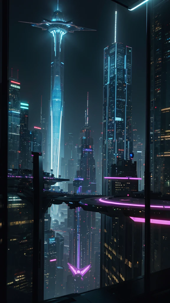 "Design a futuristic scene where a sleek, advanced spacecraft hovers above a sprawling alien city, with neon lights reflecting off towering skyscrapers and strange, otherworldly flora illuminating the streets below."