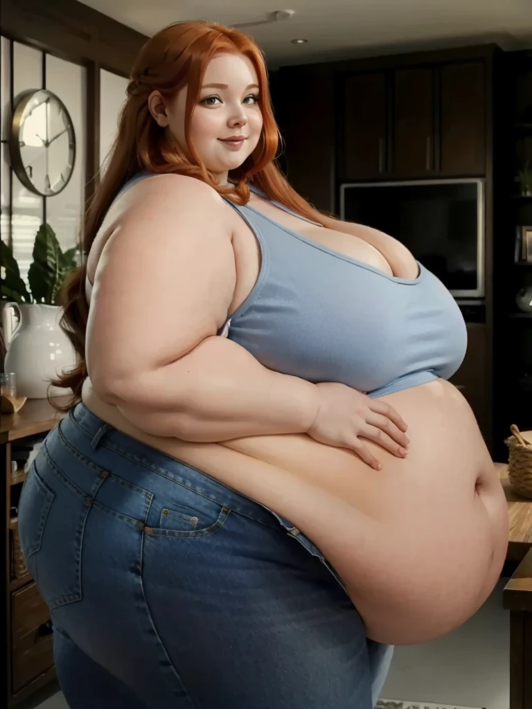 A happy, sidewiev photo of a young redhead ssbbw with long braided ginger hair, very very Huge soft hanging sideview fat belly, her belly hanging over her sideview thights, very obese fat arms, huge butt, cute pretty face, fat huge breasts in a summer top and jeans, holding her huge hanging belly in a modern livingroom