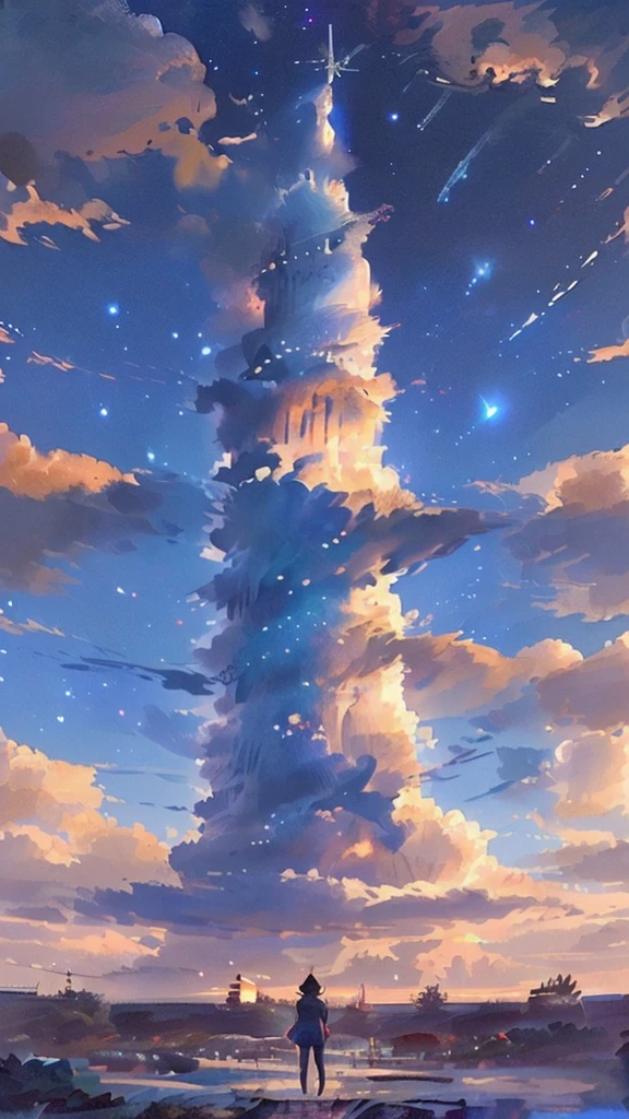 Mysterious night landscape　Starry Sky　The back of a girl in the middle