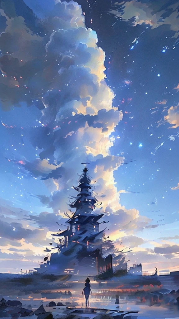 Mysterious night landscape Starry Sky The back of a girl in the middle