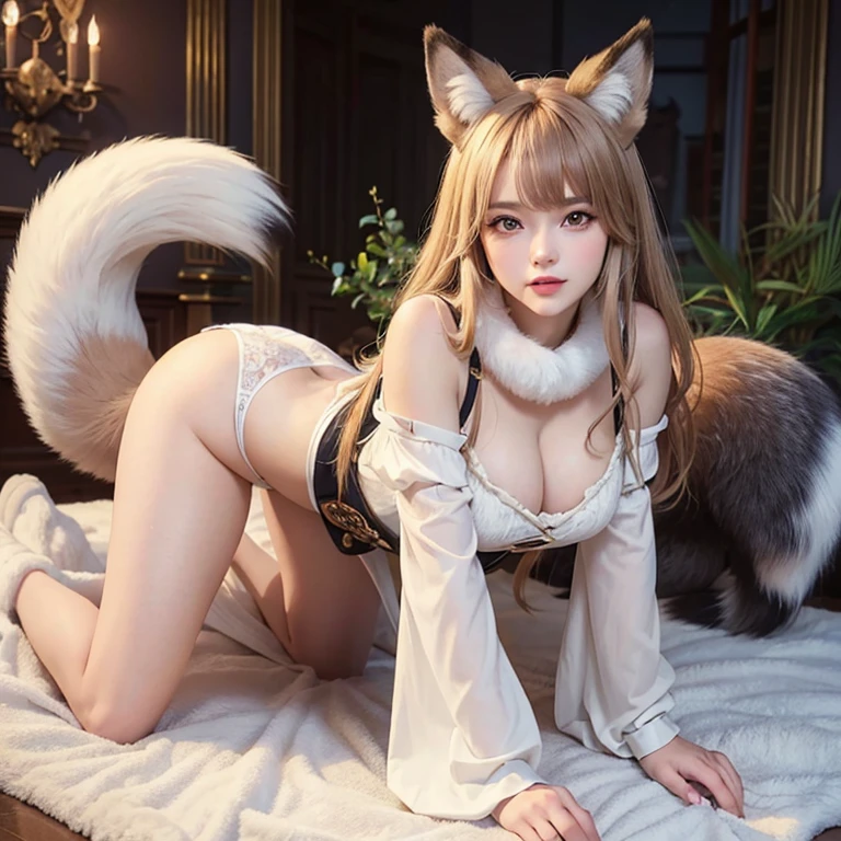 ((Highest quality)), ((masterpiece)), (Familiar), Perfect Face, fox lady, Pretty girl, Fox Ears, Fox tail, She has a northern fox tail, She wags her fluffy tail, fur collar, Beautiful hip line, Big , Thick thighs, A big tail growing out from under the skirt, Nice body, On all fours , Shyly staring at his tail, Only one tail