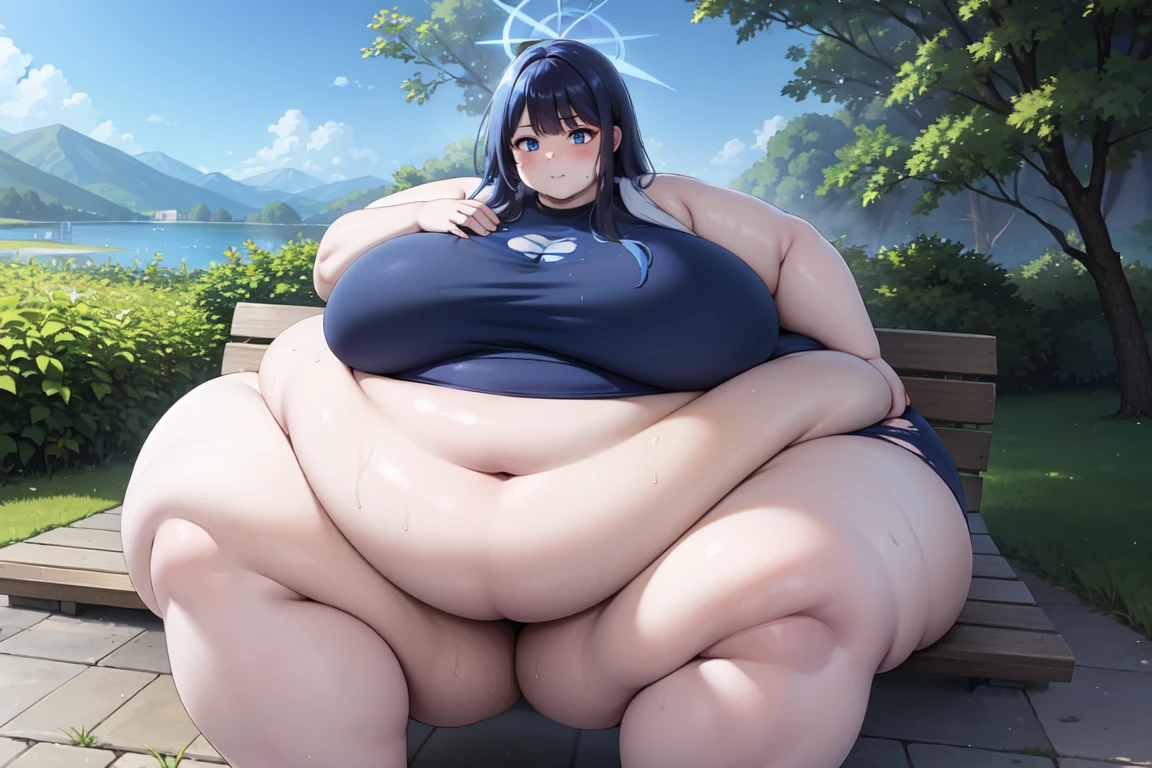 saori joumae, blue eyes, blue hair, halo, long hair, massive breasts, wide hips, outdoors, lake, torn clothes, massive hips, fat bare arms, wet, sweaty, tired, sitting on bench, fat face, fat neck, double chin, sumo, sumo clothes