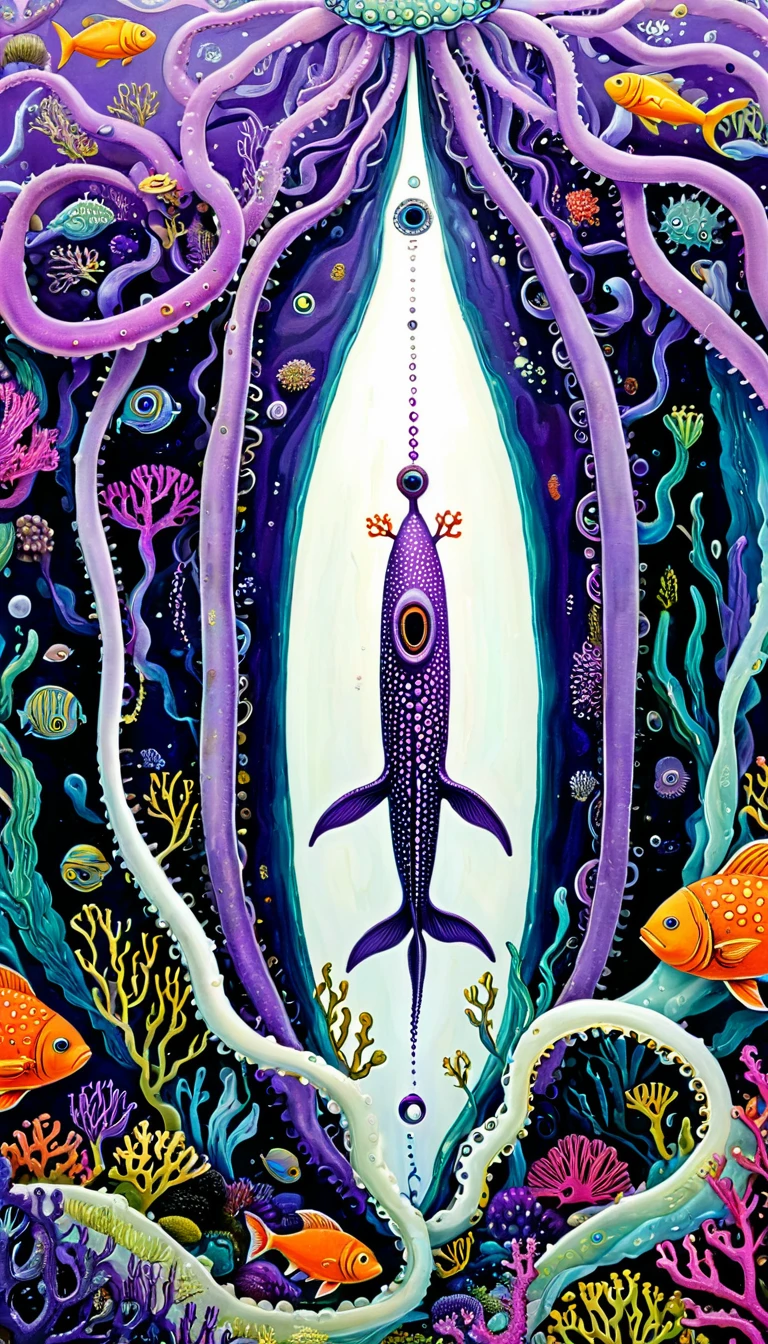 &quot;Dick Ellescas Artist Style&quot;,submarine，coral，fish，Tentacles，Eye、diatom，Stitching together an abstract painting，Describing the inner world of autistic people，Sense of space，White Space，interesting，Innocence，Psychedelic Art，Purple theme