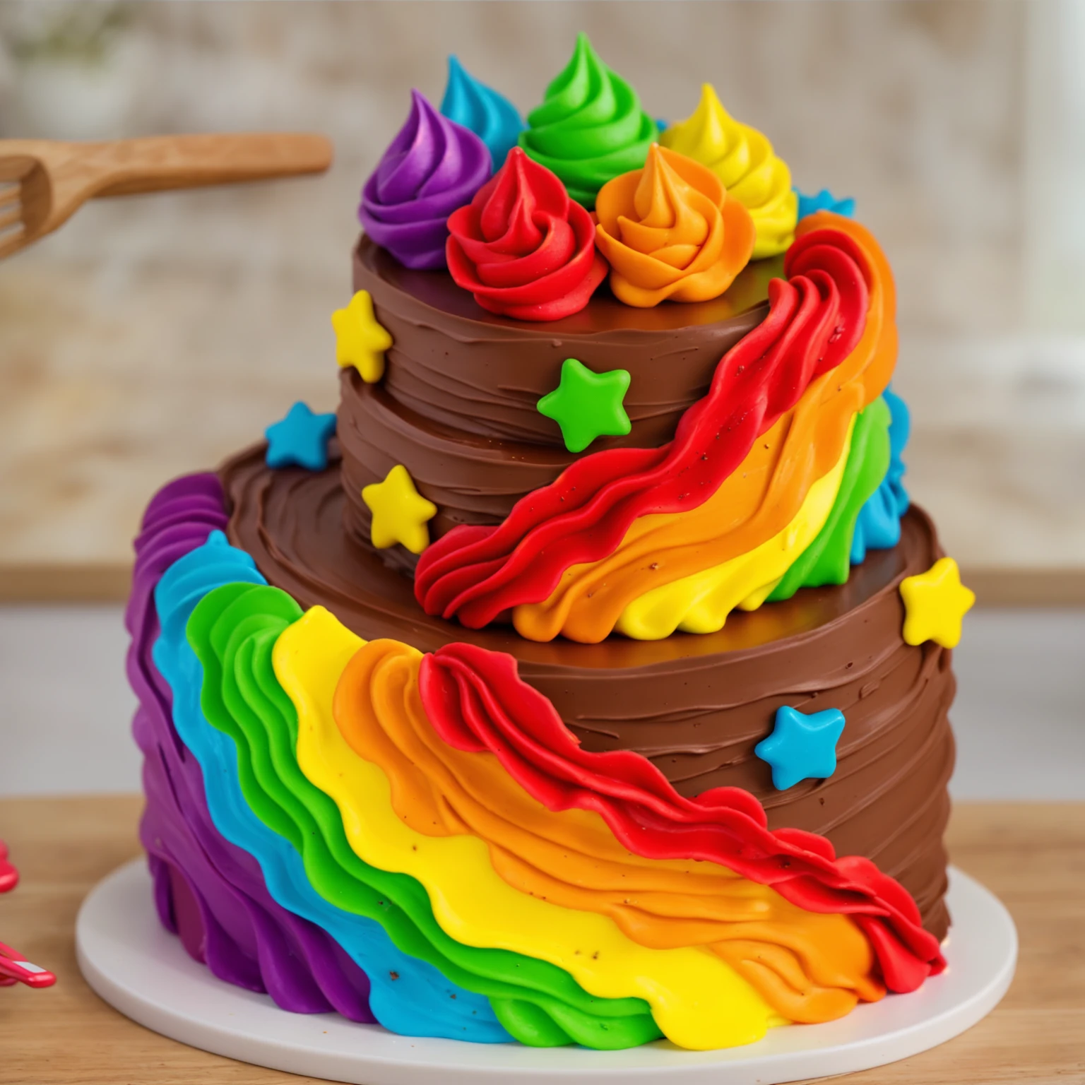 on a wooden table. there is a white plate. double tier chocolate cake ((chocolate cream texture, strokes of a pastry spatula)), rainbow cream in stitches, decorated with rainbow stars made of polymer clay, multi-colored cream on top ((cream highlights)), on the table there is a checkered tablecloth and star cornets made of polymer clay. against the background of the kitchen, vase with plant, Fruit basket, kettle, shelf with kitchen utensils. Beautiful light from the window, contour light, Multiple light sources, beautiful lighting, Bright light source, bright lighting, beautiful light sources, Multiple light sources, Realistic style , realistic texture, detailed texture, A high resolution, high quality, macro photography 