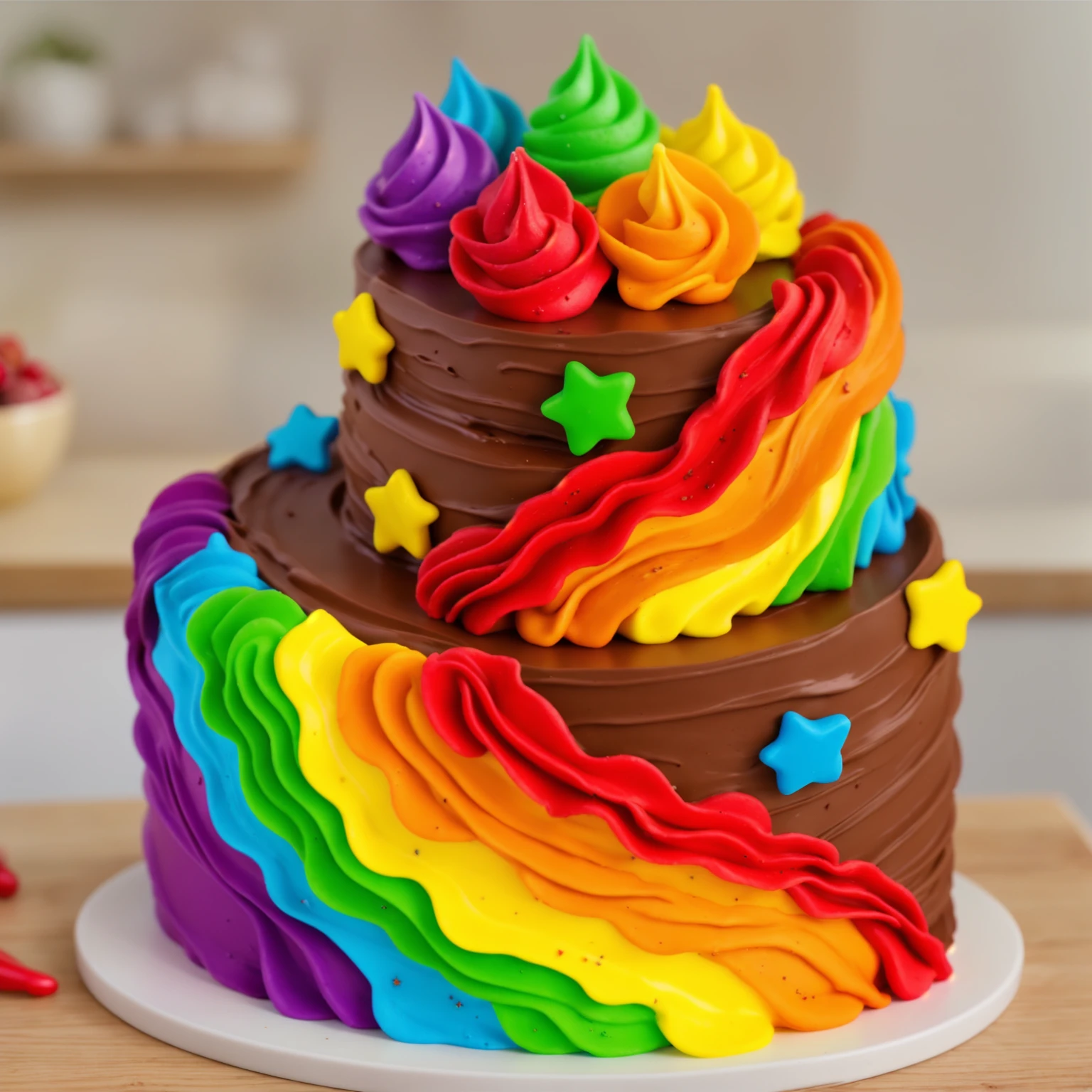 on a wooden table. there is a white plate. double tier chocolate cake ((chocolate cream texture, strokes of a pastry spatula)), rainbow cream in stitches, decorated with rainbow stars made of polymer clay, multi-colored cream on top ((cream highlights)), on the table there is a checkered tablecloth and star cornets made of polymer clay. against the background of the kitchen, vase with plant, Fruit basket, kettle, shelf with kitchen utensils. Beautiful light from the window, contour light, Multiple light sources, beautiful lighting, Bright light source, bright lighting, beautiful light sources, Multiple light sources, Realistic style , realistic texture, detailed texture, A high resolution, high quality, macro photography