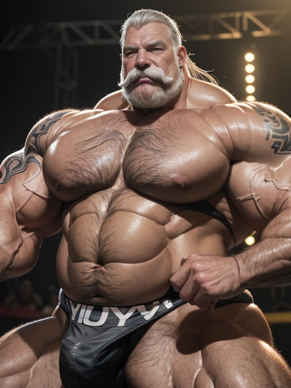 Hyperrealistic image of an extremely old and very sweaty gray-haired bodybuilder superhero over 80 years old, very muscular and fat, more than 200 kilos, with bare torso, large and flaccid pectorals, brown and big gray mustaches with huge tattooed arms posing on stage at a bodybuilding tournament wearing a silver thong