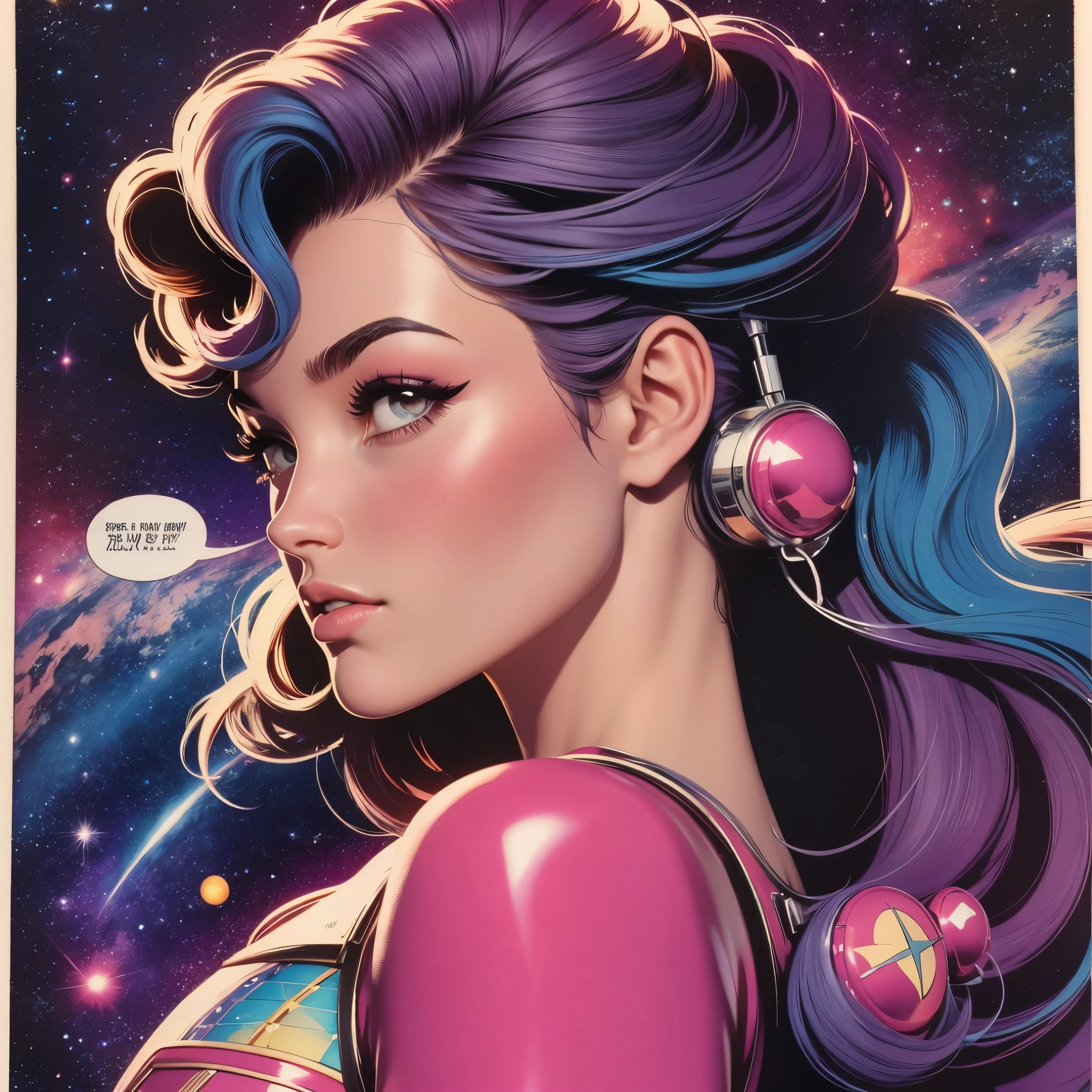 ultimate best quality,beautiful woman,speech bubble,big brest,galaxy,60s,70s,80s,colorful,cosmo,space,sunglass, profile view, head to shoulders, 1 woman