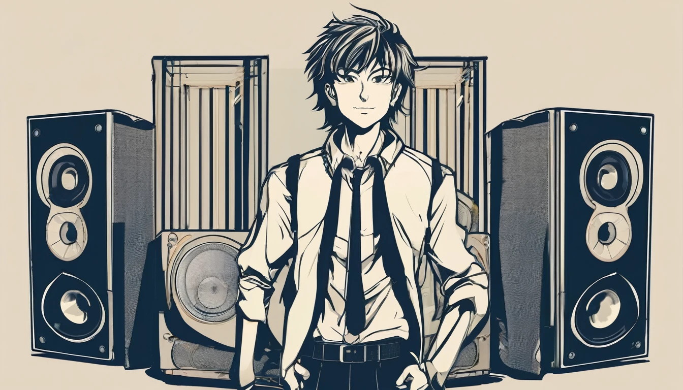 Create an illustration of an anime inspirational man speaker standing with both hands on their hips.