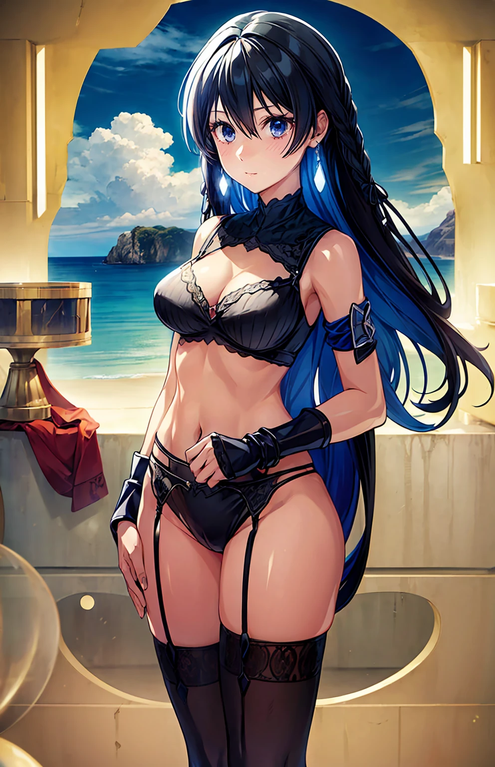 Anime girl, 3D art, standing (stand), 1 girl (solo), hourglass figure, looking at viewer, shy face, blush face, long hair, black hair, blue eyes, usual beach (clouds on the background), wearing a black lace bra, wearing a black lace lingerie, wearing a usual black tights, wearing a usual black garter belt, ultra resolution, high detailed, a Head with good anatomy, a body with good anatomy, a hands with good anatomy, a legs with good anatomy, well drawn navel, open navel (visible navel), full body view, visible legs, big size chest (big size boobs), symmetrical face, symmetrical eyes, beautiful face, beautiful eyes,