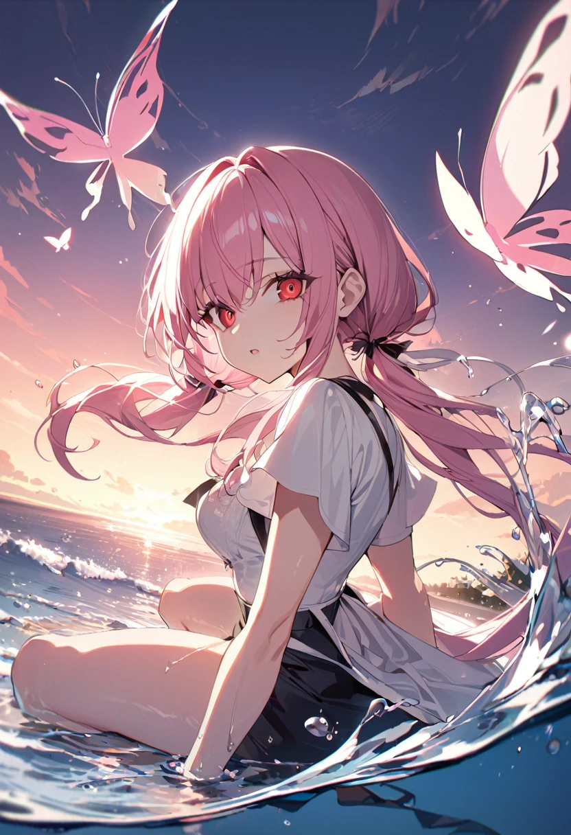 1 girl, masterpiece, best quality, beautiful, baby pink hair, low pigtails, red eyes, big eyes, high waist skirt, butterfly, water, anime