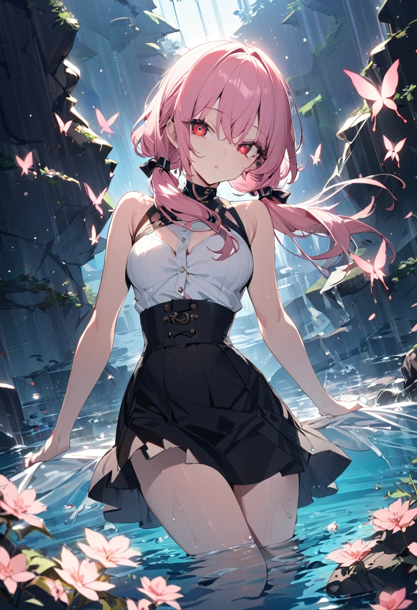 put your knees up, spread your legs, (show off your pussy), beautiful cat, skirt lift, anime, 1 girl, blue eyes, 15 years old, cute face, baby face, long hair, ruffle dress, 4K, high definition ultra, pink hair, smile, NSFW, Night sky with river and beautiful flowers, (pussy juice), (squirting pussy), topless, erect nipples, whole body