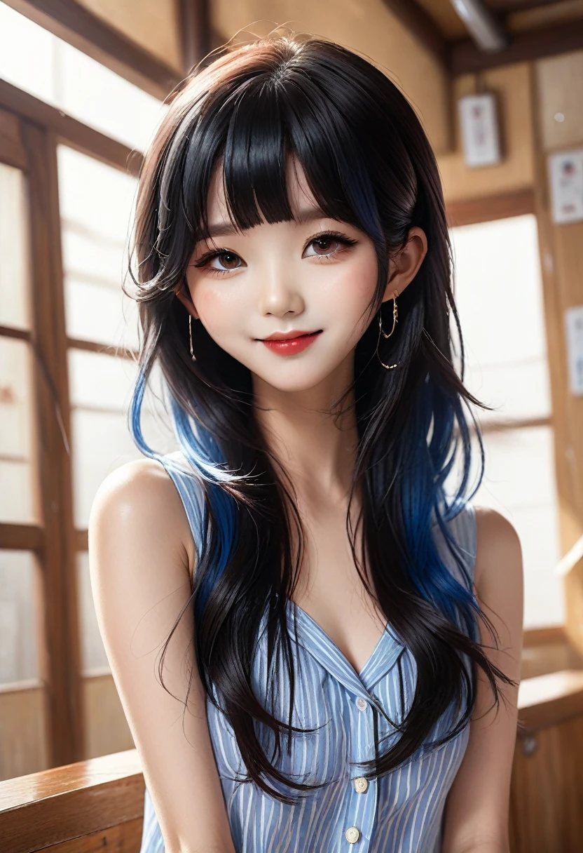 Black Hair、folder、Round eyes、False eyelashes、Straight hair, Wavy Hair、correct、Deep Red Lipstick、Striped Hair、Brown Hair、Blue Hair、(Gradient Hair)、Asymmetrical Hair、Hair behind the ear、Crossed bangs、Long Hair、((お尻までLong Hair))、Long Hair、Straight bangs、Smooth, Silky Hair、Hair up on one side、とんでもなくLong Hair、Light brown eyes、Ring Eye、Round eyes、Wicked Smile、A light smile、Cast a Shadow、(Extraordinary presence)、Atmospheric perspective、Backlight、Exposure、Lens flare、、最high quality、超High resolution、超High resolution、Very realistic, masterpiece、correct、Textured skin、high quality、最high quality、Awards、32k, 髪のfolder、Crafty、(Close your eyes and smile)、Embarrassed laugh、Redness in the ears、correct、Shine、360° View、Very detailed、超High resolution、解剖学的にcorrect、masterpiece、Accentuate your breasts、High resolution、High detail、Long eyelashes、A slight blush、Compensate, (((Full Body Shot)))、(Hands on hips)、Seductive pose、Shooting from a distance、Different angles of view、Eye height 、Looking up from below、