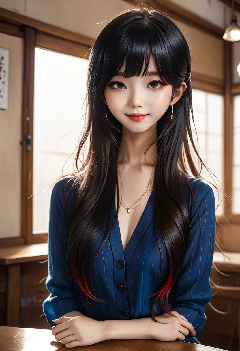 Black Hair、folder、Round eyes、False eyelashes、Straight hair, Wavy Hair、correct、Deep Red Lipstick、Striped Hair、Brown Hair、Blue Hair、(Gradient Hair)、Asymmetrical Hair、Hair behind the ear、Crossed bangs、Long Hair、((お尻までLong Hair))、Long Hair、Straight bangs、Smooth, Silky Hair、Hair up on one side、とんでもなくLong Hair、Light brown eyes、Ring Eye、Round eyes、Wicked Smile、A light smile、Cast a Shadow、(Extraordinary presence)、Atmospheric perspective、Backlight、Exposure、Lens flare、、最high quality、超High resolution、超High resolution、Very realistic, masterpiece、correct、Textured skin、high quality、最high quality、Awards、32k, 髪のfolder、Crafty、（Close your eyes and smile）、Embarrassed laugh、Redness in the ears、correct、Shine、360° View、Very detailed、超High resolution、解剖学的にcorrect、masterpiece、Accentuate your breasts、High resolution、High detail、Long eyelashes、A slight blush、Compensate, (((Full Body Shot)))、（Hands on hips）、Seductive pose、Shooting from a distance、Different angles of view、Eye height 、Looking up from below、