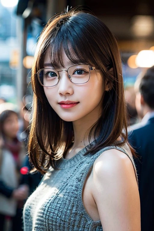 (8K、Original Photography、Top quality、masterpiece:1.2)、(Realist、Photorealistic:1.37)、Ultra Detailed、Ultra-high resolution、1 girl、Opinions vary、Beautiful and delicate face、a smile、shrink、(Slim waist) :1.3)、shortcut、Beautiful and smooth skin、Texture、Flowing hair、Professional lighting、Waiting for the train on the platform、Black frame square glasses 、The whole body、Brown hair