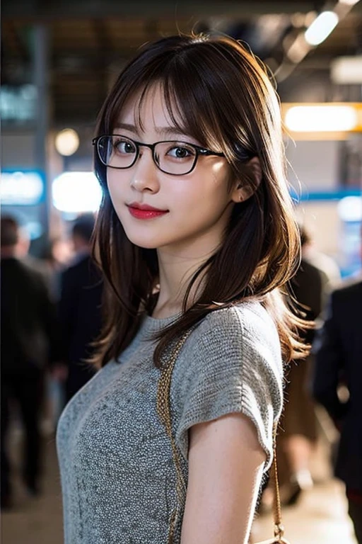 (8K、Original Photography、Top quality、masterpiece:1.2)、(Realist、Photorealistic:1.37)、Ultra Detailed、Ultra-high resolution、1 girl、Opinions vary、Beautiful and delicate face、a smile、shrink、(Slim waist) :1.3)、shortcut、Beautiful and smooth skin、Texture、Flowing hair、Professional lighting、Waiting for the train on the platform、Black frame square glasses 、The whole body、Brown hair