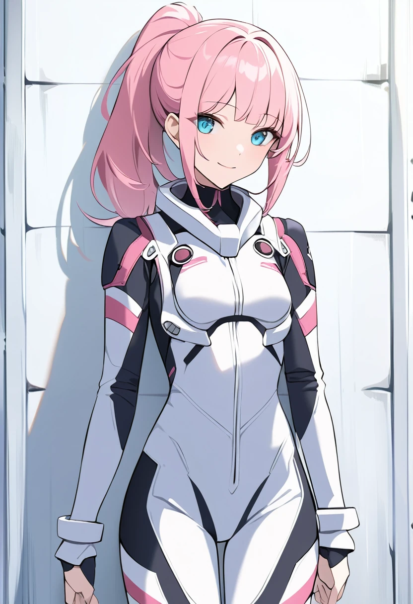 (masterpiece, top quality, very aesthetic, 4k、illustration), intricate detail, 18 years old、1girl,Standing in front of a wall、(cowboy shot)、light smile、()、animated painting
Cute 、pink hair、ponytail,middle hair,sidelock ,,blue eyes、pilot suit、small breasts,Slim 、