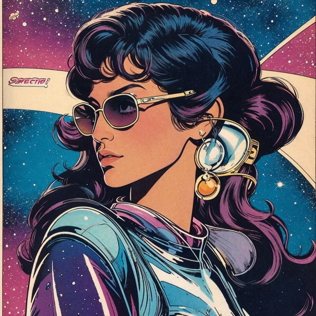 ultimate best quality,beautiful woman,speech bubble,big brest,galaxy,60s,70s,80s,colorful,cosmo,space,sunglass, profile view, head to shoulders, 1 woman
