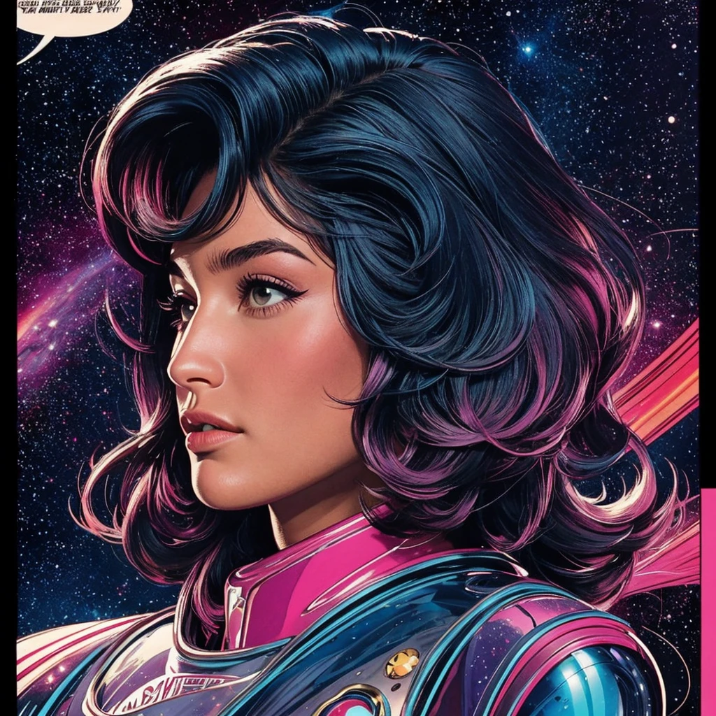 ultimate best quality,beautiful woman,speech bubble,big brest,galaxy,60s,70s,80s,colorful,cosmo,space,sunglass, profile view, head to shoulders, 1 woman