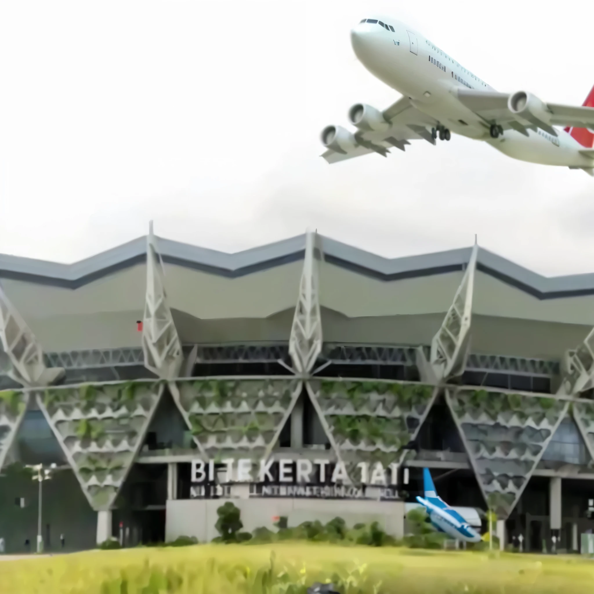 realistic 3d caricature. international airplane airport. In front of the airport there is writing in Indonesian "BIJB KERTAJATI. The photo details are very strong.