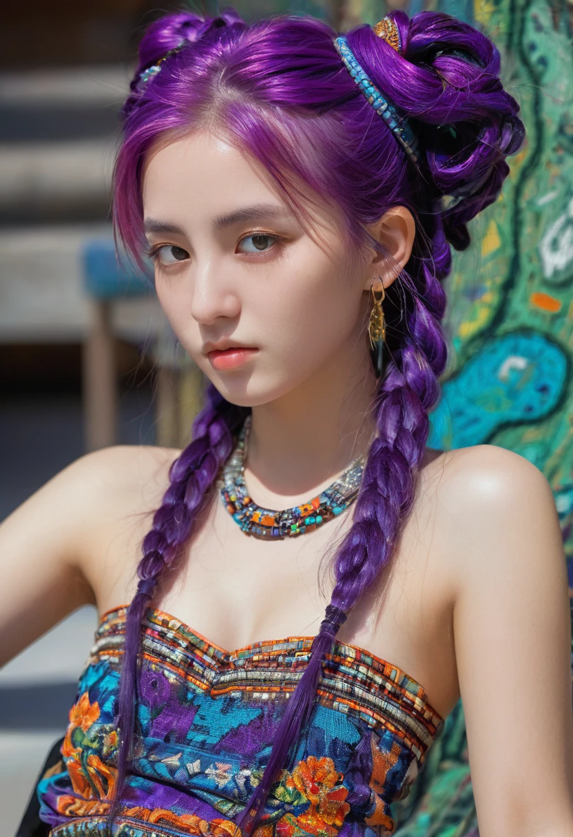 (absurd, high resolution, Extremely detailed), (1 Girl:1.3), Double tail, Purple Hair, rest , Glitch Art, Digital Distortion, Pixelate fragments, Data corruption, Colored Noise, Visual confusion, contemporary aesthetics rest , Enamel Art, Glassy surface, Vibrant colors, Bright finish, Reflective texture, Rich in pigment, fluid forms rest , Ethnic style, Traditional Clothing, Vibrant Patterns, Handmade Textiles, Cultural Themes, Beaded Jewelry, Handmade accessories