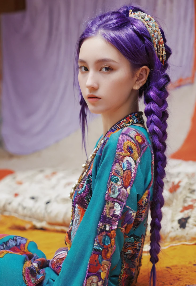 (absurd, high resolution, Extremely detailed), (1 Girl:1.3), Double tail, Purple Hair, rest , Glitch Art, Digital Distortion, Pixelate fragments, Data corruption, Colored Noise, Visual confusion, contemporary aesthetics rest , Enamel Art, Glassy surface, Vibrant colors, Bright finish, Reflective texture, Rich in pigment, fluid forms rest , Ethnic style, Traditional Clothing, Vibrant Patterns, Handmade Textiles, Cultural Themes, Beaded Jewelry, Handmade accessories