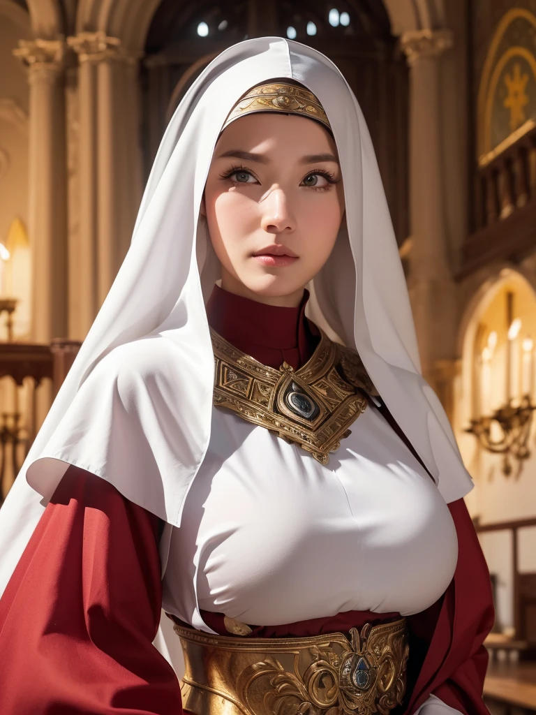 (8K, Highest quality:1.2)、masterpiece, Beautiful female monk, (Attractive American Model),(( Red and white clothes))、Long sleeve、(( Mature Female Warrior Nun)), ((Plate armor with attention to detail)), (Strong muscular body),(Powerful arms)、 (Light blonde hair), Braid、Disheveled Hair、((Delicate embroidery))、 High resolution, (Skin Texture:1.1), Highest quality, 超High resolution, (Realistic: 1.4), RAW Photos, By Ellen von Unwerth, Nikon D850 film stock photos, F1.6 Lenses, Rich colors, Bokeh, Sharp focus, Realistic, Cinestill 800, Backlight, Rim Light, Strong sunlight, Realistic, Realistic Shadow, 3d, (Church Background:1.2),Hair blowing in the wind、whole body、(((Ancient fantasy female priest))),Combat Accessories,breastplate、((Long skirt))、Voluminous lips、(((Big Breasts)))、((Large Breasts))、Cleavage、((Perfect Face))、Big eyes、Delicate eyes、Body-fitting armor、looking at the camera、belt、Intricately patterned armor、Upper Body、up、Monk Armor、Delicate hands、Knee-high boots、Robe(masterpiece:1.2), (Highest quality:1.2), Perfect Eyes, Perfect Face, Volumetric lighting, One Mature Woman,(( Mature Female Warrior Nun)),