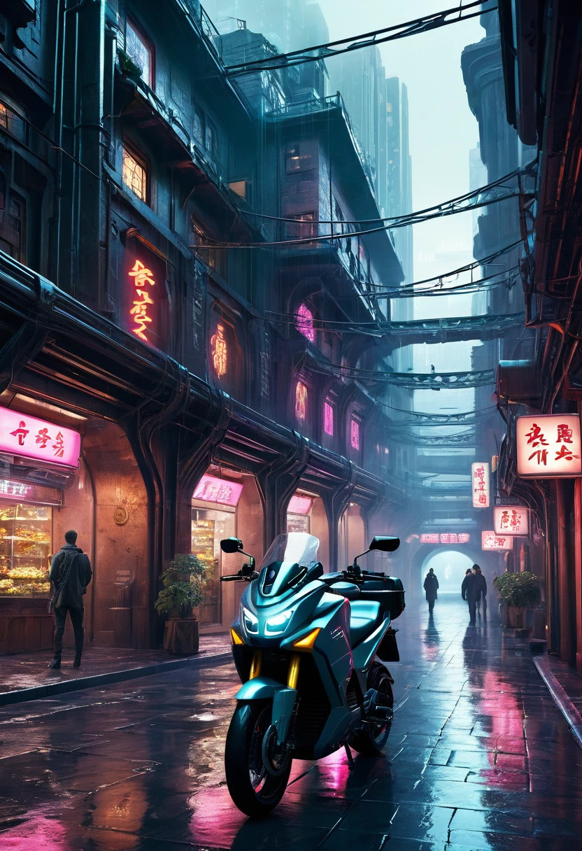 ((masterpiece)),((best quality)),((High Detail)),((Practical,)) Future Era City, There is a deep canyon in the middle, Building Street, market, bridge, Cyberpunk, European Architecture, Rainy night, neon, Futuristic motorcycle