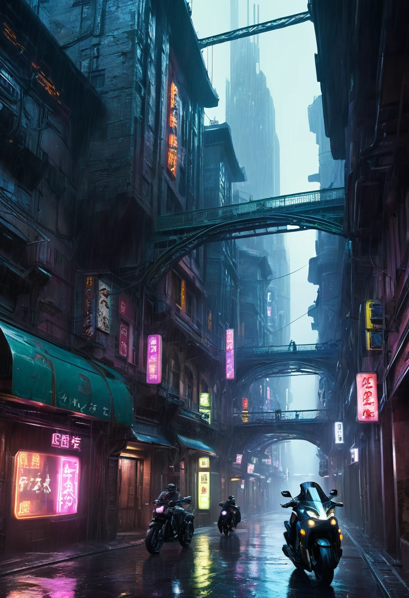 ((masterpiece)),((best quality)),((High Detail)),((Practical,)) Future Era City, There is a deep canyon in the middle, Building Street, market, bridge, Cyberpunk, European Architecture, Rainy night, neon, Futuristic motorcycle