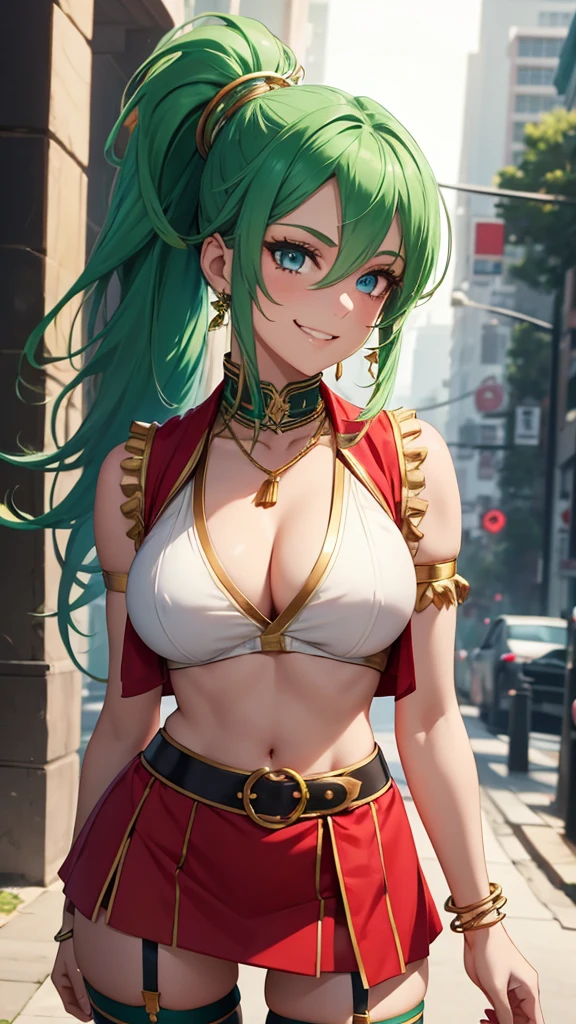 8k, beautiful woman, full body, green hair, ponytail hair, blue eyes, big smile, beautiful makeup, perfect nose, bust vest, red mini skirt, back view, golden necklace, gold bracelet, white garter belt on leg, bare legs, bare arms