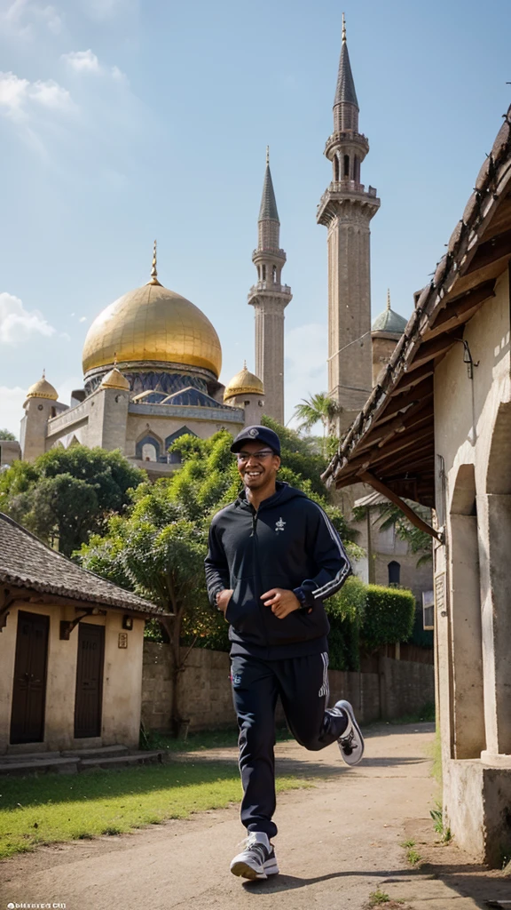 Create a detailed digital artwork featuring a cheerful man jogging in a picturesque village setting. The man is wearing a black Adidas tracksuit with the text 'SELAMAT PAGI' on it and a New York Yankees cap. He has glasses and is smiling brightly. The background includes a beautiful mosque with domes and minarets, traditional houses, lush green fields, and a signpost that says 'SELAMAT PAGI' and 'KEC.CIHIDEUNG'. The overall atmosphere should be lively and welcoming, with a bright and sunny sky."