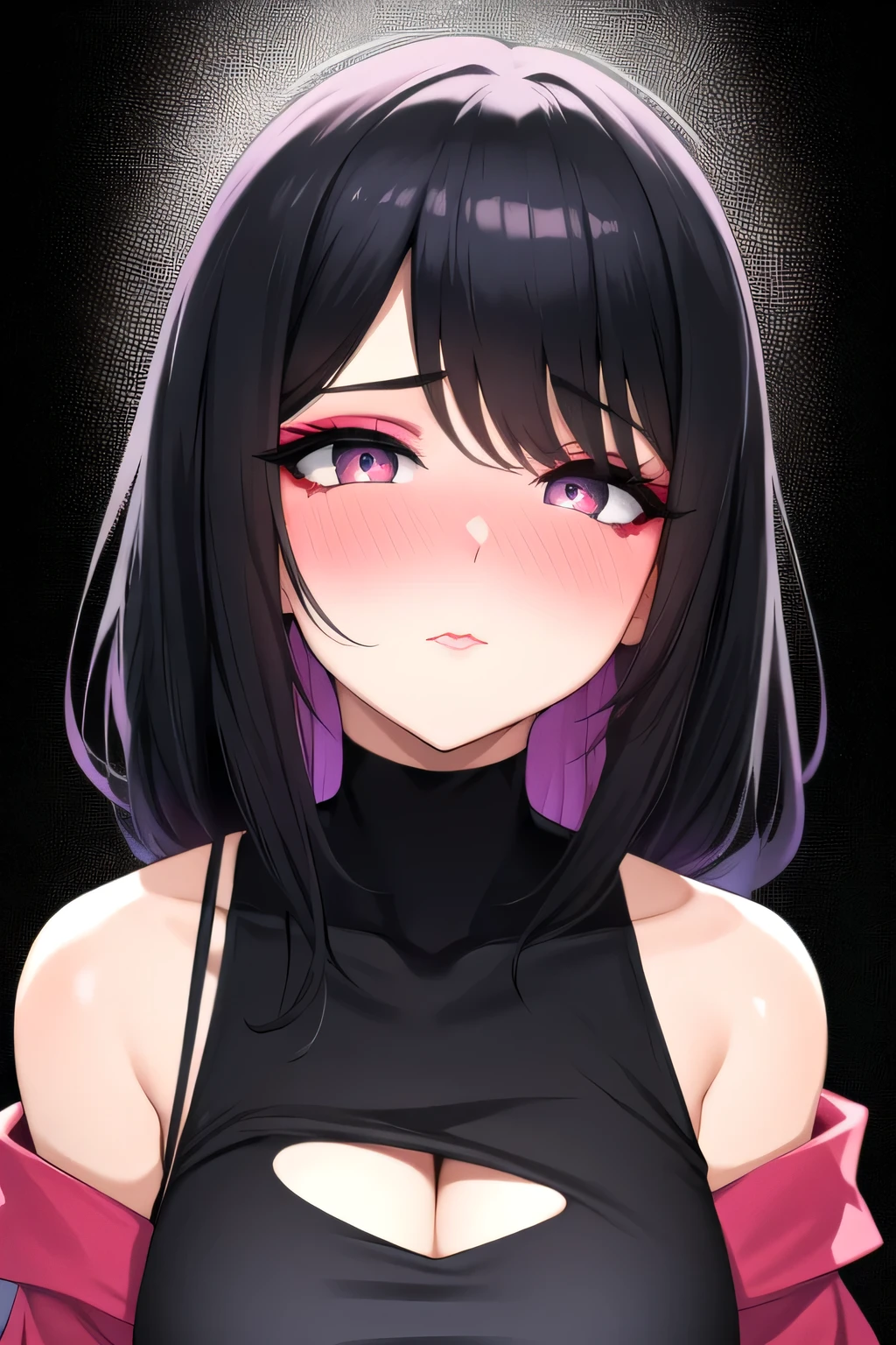 Amazing portrait of a sexy woman with a beautiful face emphasised by amazing makeup and black hair and seductive eyes in an intense gaze with her mouth parted and a deep blush on her face as she's flustered wearing an off shoulder t shirt