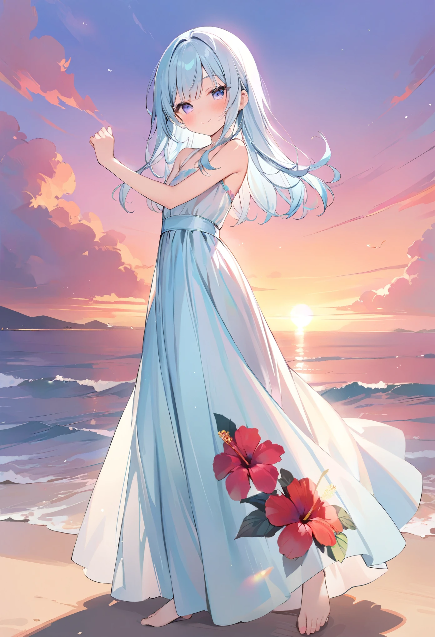 masterpiece, best quality, extremely detailed, (illustration, official art:1.1), 1 girl ,(((( light blue long hair)))), ,(((( light blue long hair)))),light blue hair, , long hair ((blush)) , cute face, big eyes, masterpiece, best quality,(((((a very delicate and beautiful girl))))),Amazing,beautiful detailed eyes,blunt bangs((((little delicate girl)))),(((tareme))),droopy eyes.(true beautiful:1.2), sense of depth,dynamic angle,,,, affectionate smile, (true beautiful:1.2),,(tiny 1girl model:1.2),)(flat chest), masterpiece, best quality, high quality, extremely detailed, very delicate and beautiful, ,, bangs to eyebrows, eyes (eyes sharp and strong with glossy glossy eyes, eyebrows glossy, (eye color magenta:1.3), 6.5 head height, (long dress with hibiscus print:1.3), (standing), (smiling), (dynamic pose), (background tropical and hibiscus:1.3), (sunset:1.3)
