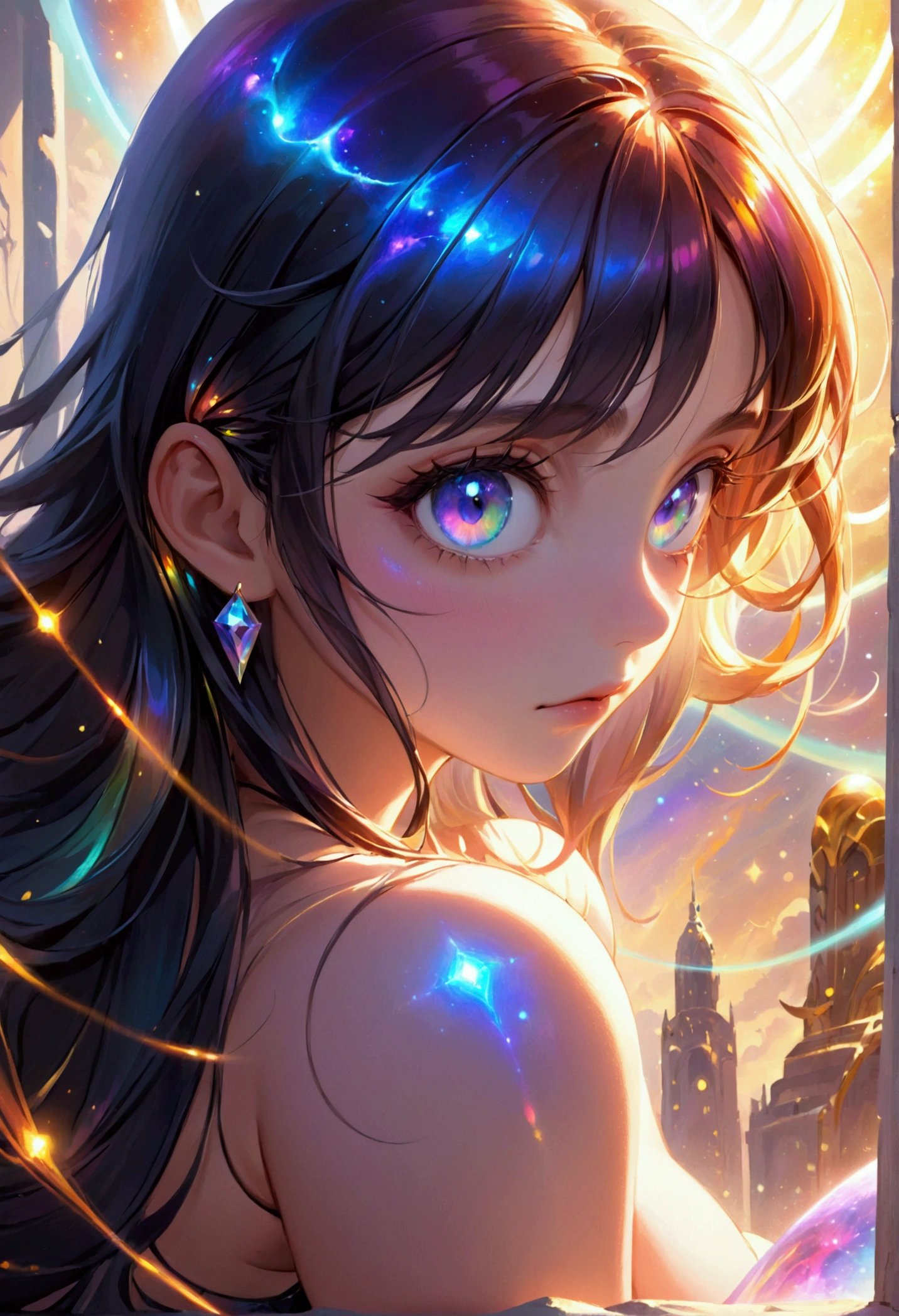 (masterpiece), best quality, expressive eyes, perfect face, Girl,long dark iridescent hair, iridescent eyes, small waist, medium chest, large thighs,large hips, cosmic aura, bend over position