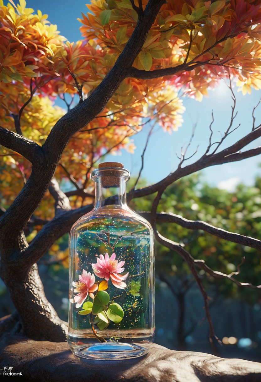 Like a dreamArt tree in a bottle, Fluffy, Practical, photo, Canon, Like a dream, Art, Colorful leaves and branches with flowers overhead. hyperdetailed photorealism by greg rutkowski - h 1024 w 804 | f 1 6 Lens mark 2:2 s 3555 mm film grain :1 Realistic high-resolution sharp focus contrast!! intricate detailed atmospheric light refraction lighting unreal engine 5 cinematic concept photography masterpiece octane render trending at cgsociety rendered as