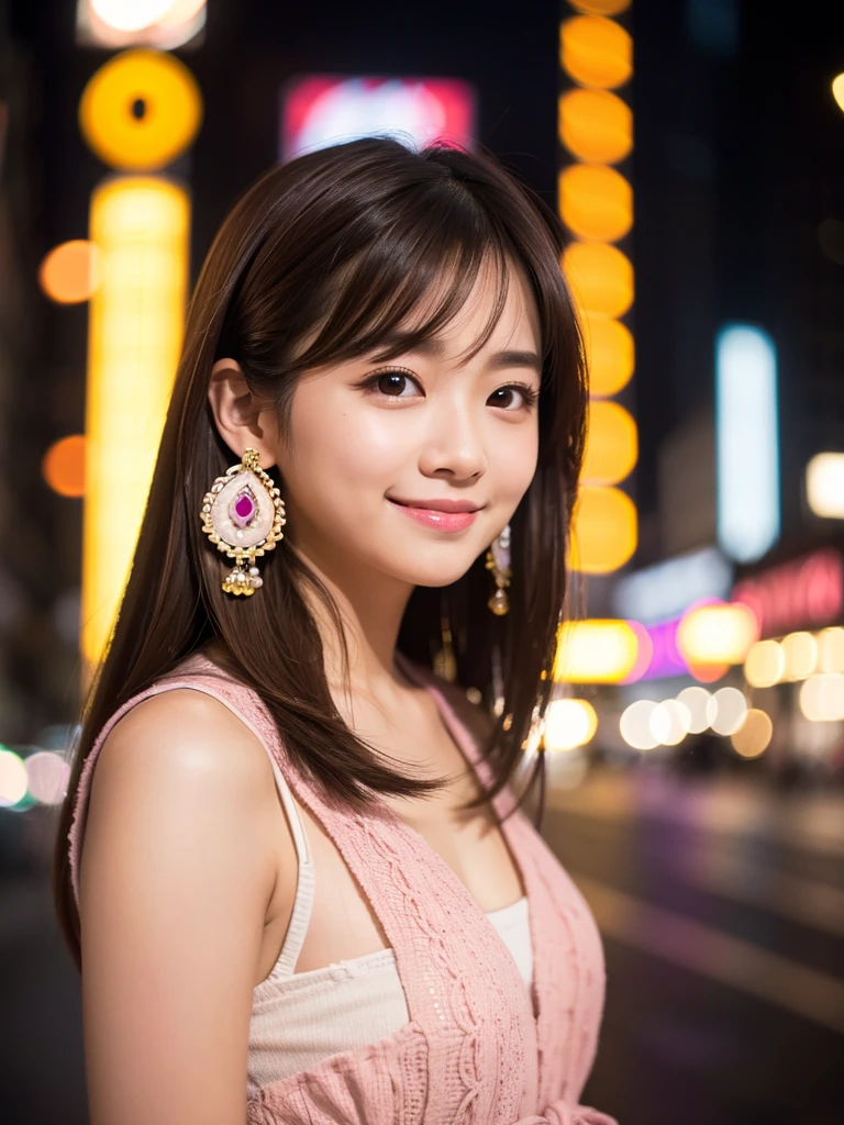 Tabletop, Highest quality, shape, Very detailed, finely, High resolution, 8k wallpaper, 完璧なダイナミックな構shape, finelyて美しい目, one piece,Medium Hair,Natural color lip, smile,21 years old、cute、Looking into the camera、F Cup、Brown Hair、Blurred night New York background,Earrings,(Pinkal),Model pose,