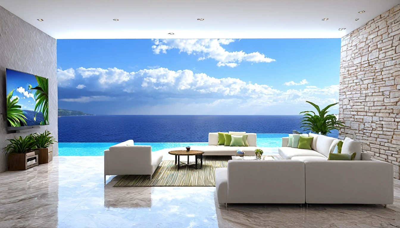 Cephalonia、((Beautiful Clouds))Designer lighting in front、There is a sofa and a coffee cup on the table、There is a waterfall nearby、遠くに見える夕日とOcean,(High Quality Poolside Flooring),There is a wall-mounted TV、Screen 70%Ocean,4K,Ultra HD,Extravagant space,indirect lighting,Palm tree,rich,rich,VIP,VIP、I have a potted Monstera.