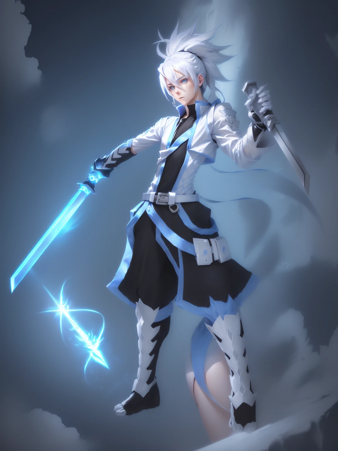 sketches of a drawing of a androgynous young boy with 2 swords, Kilua from hunter x hunter, an anime drawing, detailed fanart, hero 2d fanart artsation, ( ( character concept art ) ), anime drawing, game art!!, with out shading, anime shading), dramatic wielding sword pose, anime shading, white hair, glowing blue eyes, pale skin, black ninja pants, black vest, blue belts, short blue jacket, very long ponytail 