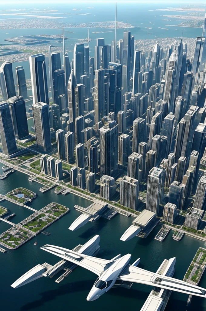 A futuristic millionaire city in the future.
There should be a lot of white Flying cars tall buildings
